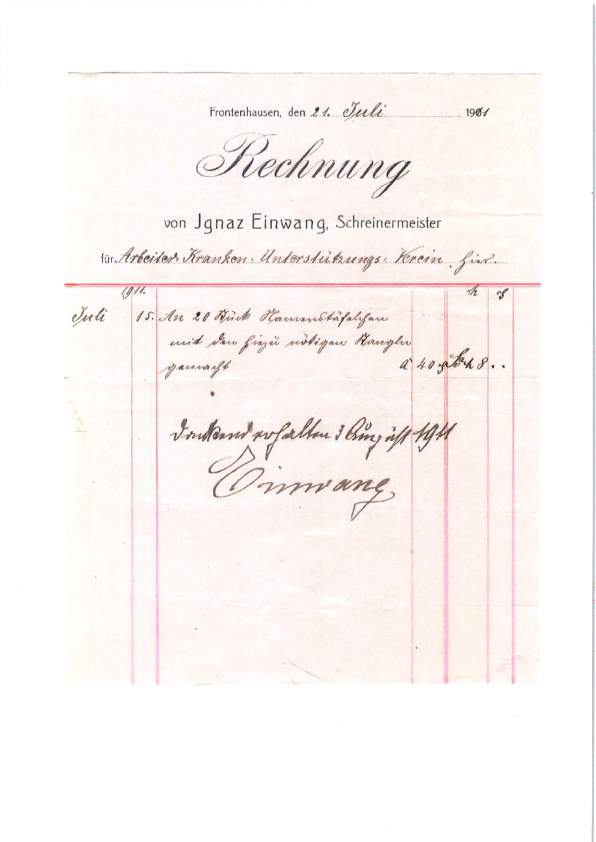 Rechnung Schreinerei Einwang 1911